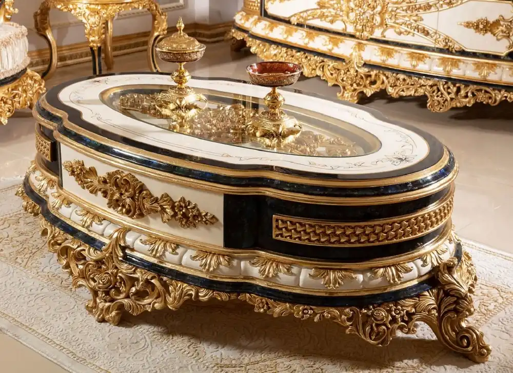 Casa Padrino luxury baroque coffee table white / blue / gold - Magnificent solid wood living room table with glass top - Baroque living room furniture - Noble & Magnificent Preis Gesenkt