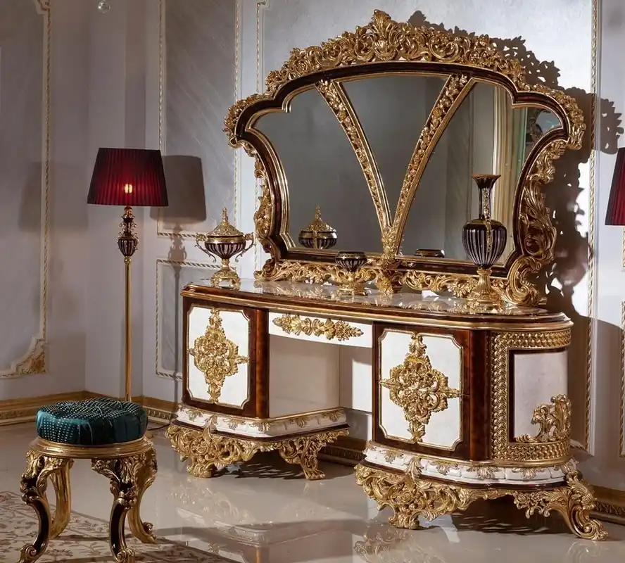 Rabatt Casa Padrino luxury baroque bedroom set white / brown / gold - 1 Baroque Make Up Dresser with 5 Drawers & 1 Baroque Mirror & 1 Baroque Stool - Baroque Bedroom Furniture - Noble & Magnificent