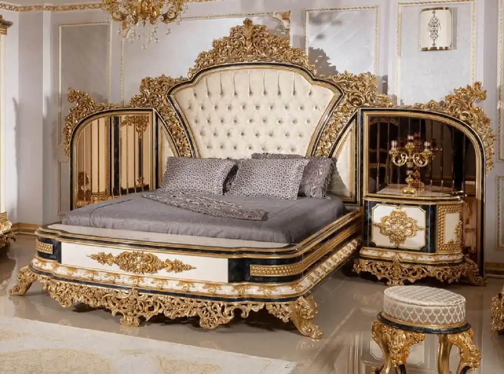 Casa Padrino luxury baroque bedroom set gold / white / blue / gold - 1 Double Bed with Headboard & 2 Bedside Tables - Bedroom furniture in baroque style - Noble & Magnificent Sofort Bestellen