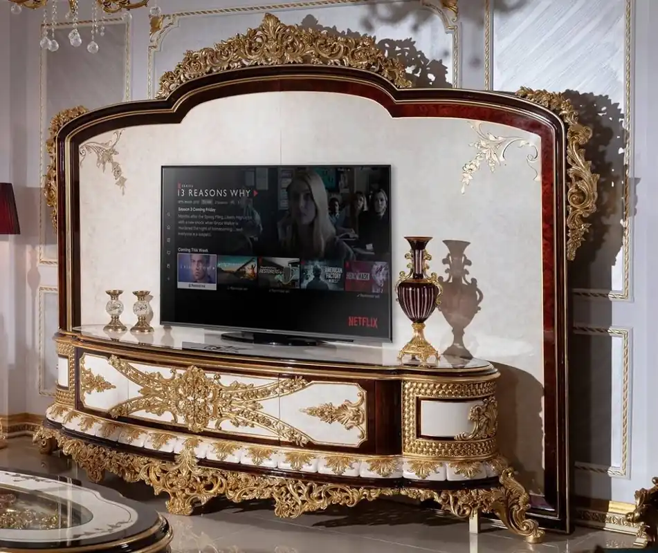 Casa Padrino luxury baroque TV cabinet white / brown / gold - Magnificent living room sideboard with back wall - Baroque living room furniture - Noble & Magnificent Aktuell