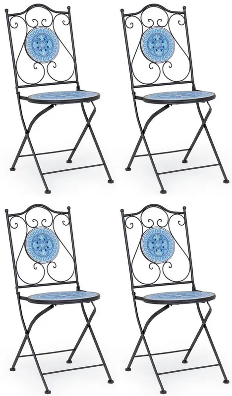 Billig Casa Padrino Art Nouveau garden chair set of 4 black / blue / white 39 x 47 x H. 92 cm - Folding chairs with ceramic tops - Nostalgic Garden & Catering Furniture