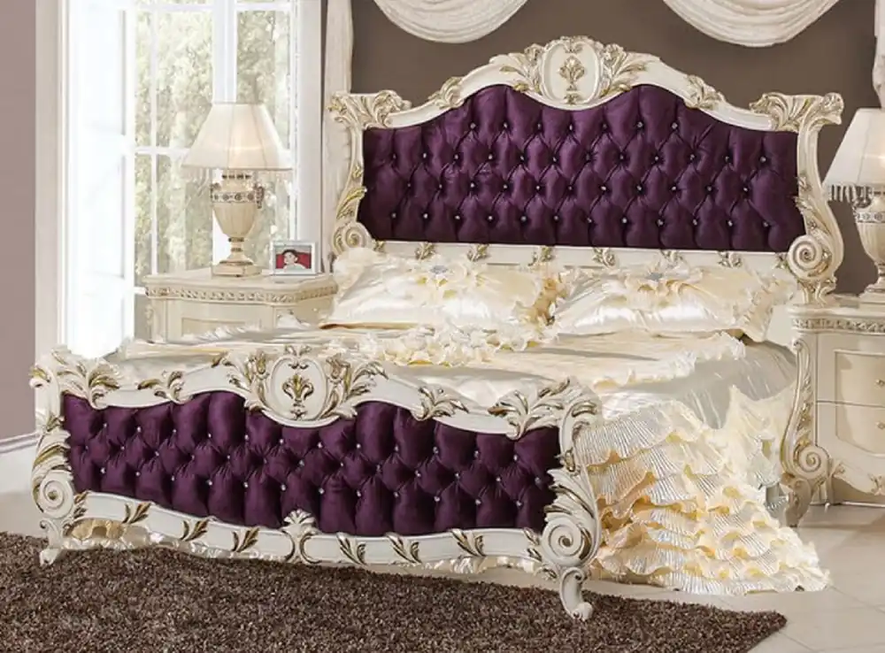 Letzte Chance Casa Padrino luxury baroque double bed purple / white / gold - Magnificent solid wood bed with rhinestones - Bedroom furniture in the baroque style - Noble & Magnificent