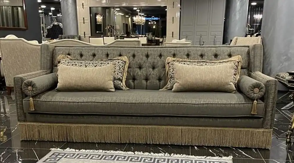Expressversand Casa Padrino luxury Art Deco Chesterfield sofa gray / beige - Handmade solid wood living room sofa - Luxury Art Deco Chesterfield living room furniture
