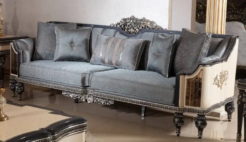 Casa Padrino luxury baroque sofa light blue / beige / black / gold - Magnificent living room sofa with elegant pattern - Baroque living room & hotel furniture - Noble & Magnificent Neu