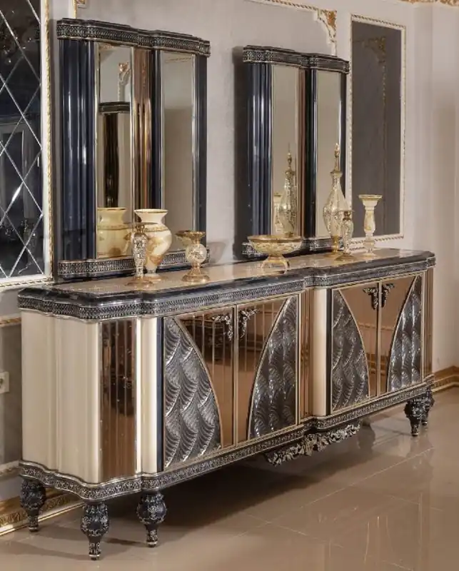 Casa Padrino luxury baroque furniture set beige / black / gold - 1 Baroque Sideboard with 4 Doors & 2 Baroque Wall Mirrors - Handmade baroque furniture - Noble & Magnificent Saisonangebot