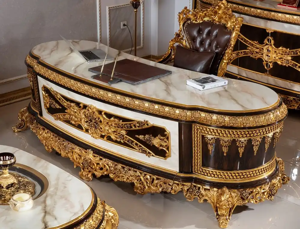 Meistverkauft Casa Padrino luxury baroque office furniture set white / dark brown / gold - 1 Baroque Desk with Marble Look & 1 Baroque Office Chair with Fine Faux Leather - Baroque Office Furniture