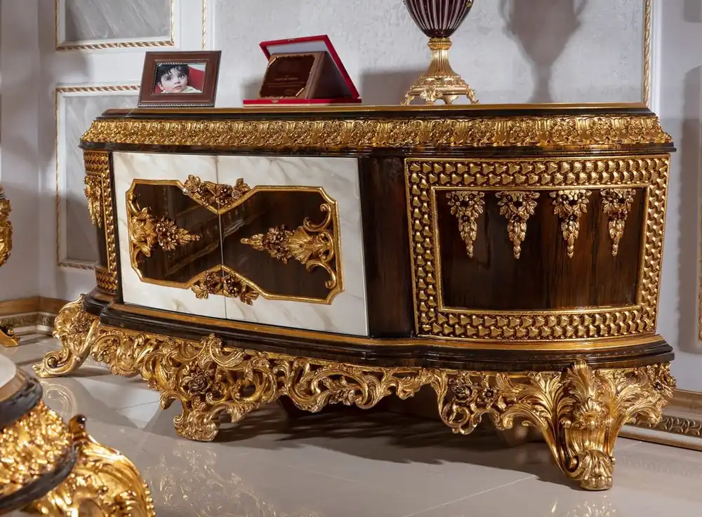 Casa Padrino luxury baroque TV cabinet white / dark brown / gold - Magnificent solid wood sideboard with marble look - Baroque living room furniture - Noble & Magnificent Solange Der Vorrat Reicht