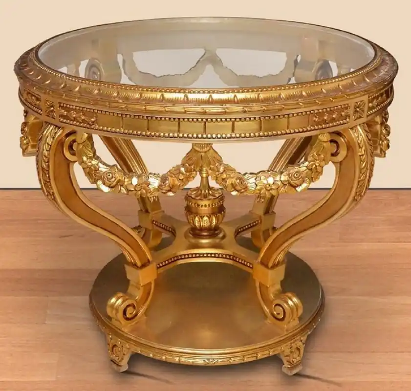 Casa Padrino baroque conference table gold - Round solid wood office table with glass top - Baroque office furniture - Noble & Magnificent Markenprodukt