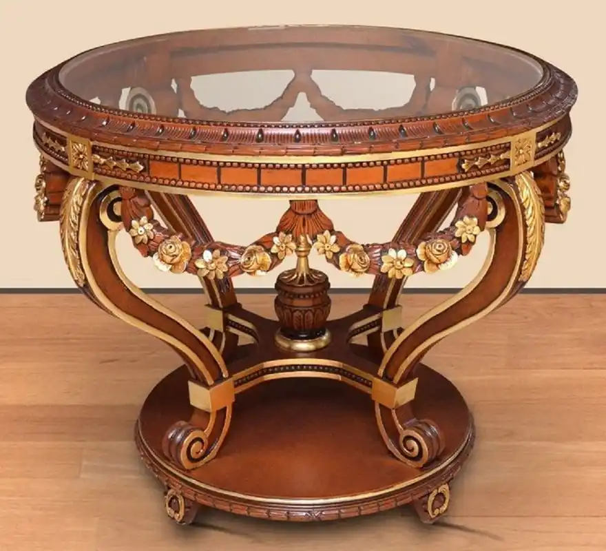 Casa Padrino baroque conference table brown / gold - Round solid wood office table with glass top - Baroque office furniture - Noble & Magnificent Neue Ware