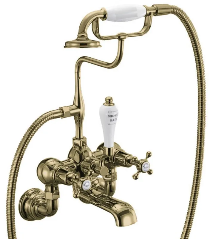 Schnäppchen Casa Padrino luxury Art Nouveau bath faucet gold / white H. 46.95 cm - Nostalgic brass bath faucet with hand shower - Nostalgic bathroom accessories