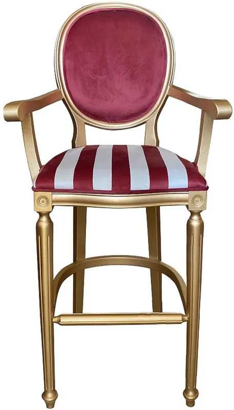 Casa Padrino baroque bar chair with armrests bordeaux red / white / gold - Striped antique style velvet bar stool - Handmade baroque bar furniture Heißes Angebot