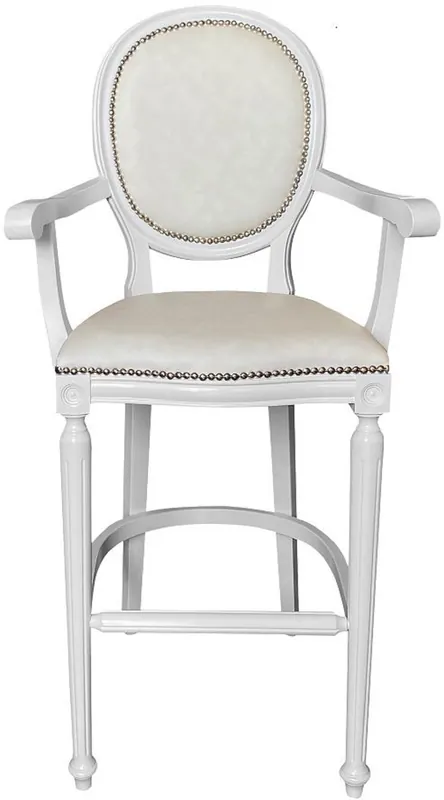 Top-Angebot Casa Padrino Baroque Bar Chair with Armrests White / White - Solid Wood Antique Style Bar Stool with Faux Leather - Handmade Baroque Bar Furniture