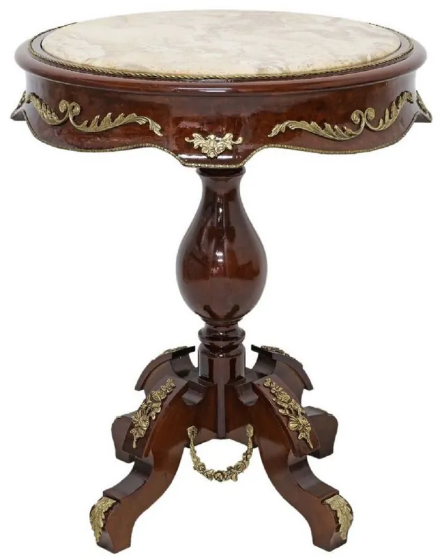 Preisreduziert Casa Padrino baroque side table dark brown / brass / cream - Antique style solid wood table with round marble top - Baroque living room furniture