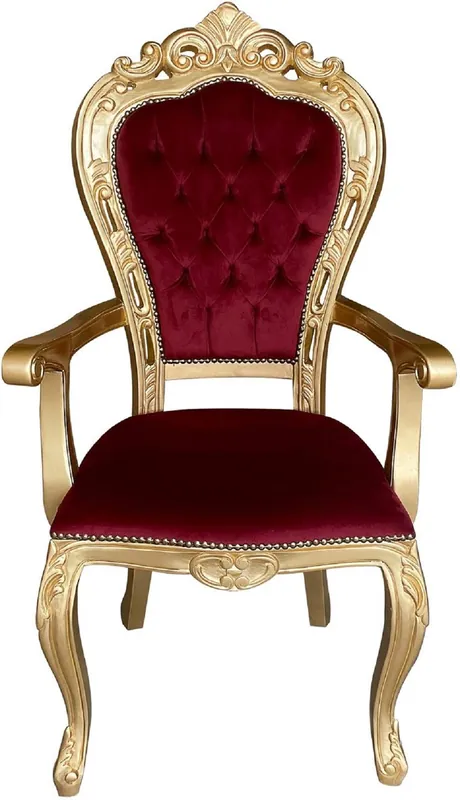 Casa Padrino luxury baroque dining chair bordeaux red / gold - Handmade antique style chair with armrests and fine velvet fabric - Dining room furniture in baroque style Ausverkauf