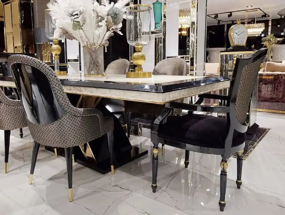 Casa Padrino luxury Art Deco dining room chair set black / gold - Kitchen chairs set of 6 - Luxury Art Deco dining room furniture Neue Ware