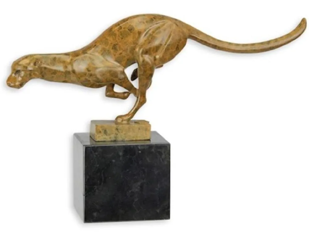 Neu Casa Padrino luxury bronze figure cougar with marble base beige / black 30.6 x 7.5 x H. 19.7 cm - Bronze sculpture - Decorative figure - Animal figure - Luxury decoration accessories