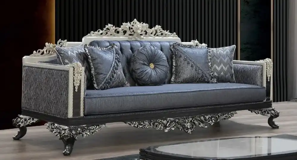 Wochenendangebot Casa Padrino luxury baroque sofa blue / gray / white / black / silver - Magnificent living room sofa with elegant pattern - Baroque living room & hotel furniture - Noble & Magnificent
