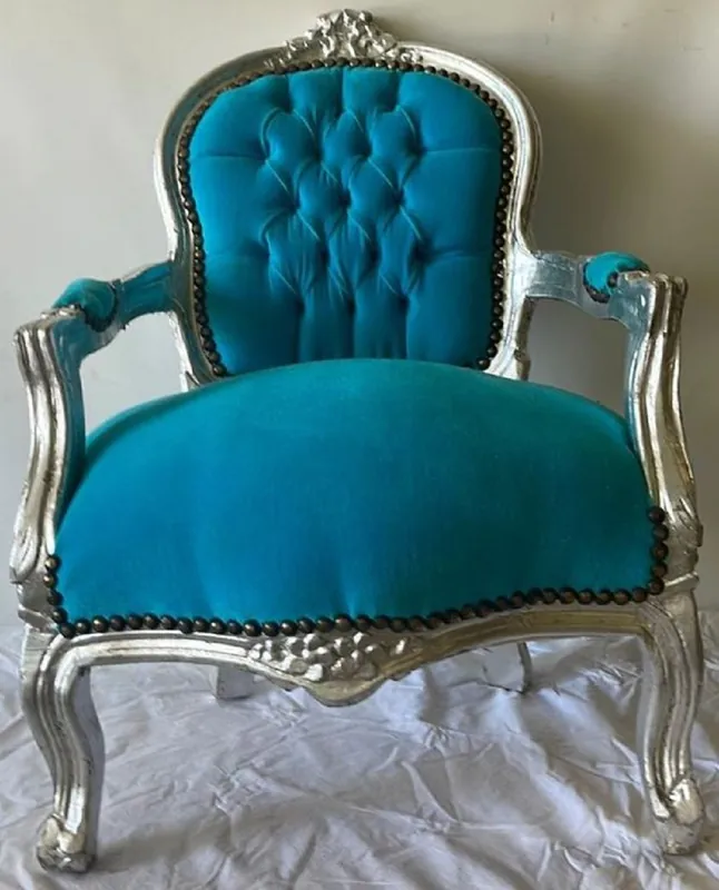 Letzte Chance Casa Padrino baroque children's chair with armrests turquoise / silver - Handmade antique style kids chair - Baroque children's furniture - Baroque children's room furniture