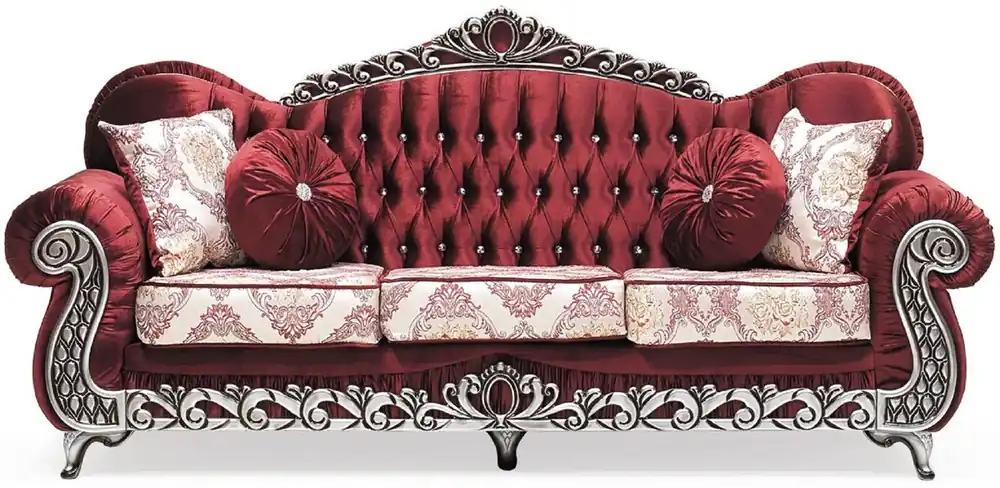 Casa Padrino luxury baroque sofa bordeaux red / cream / silver - Magnificent living room sofa with an elegant pattern and rhinestones - Living room furniture in baroque style - Baroque furniture Versand Am Gleichen Tag