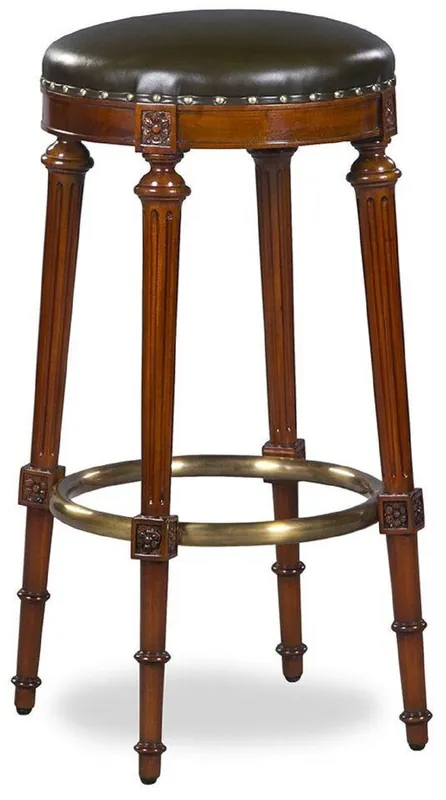 Casa Padrino luxury Art Nouveau bar stool brown / black / brass Ø 36 x H. 76 cm - Round upholstered mahogany bar chair with genuine leather - Bar furniture - Luxury furniture - Luxury quality Versand Am Gleichen Tag