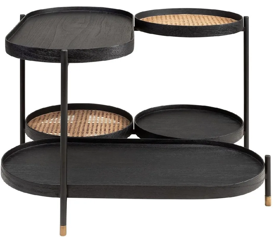 Casa Padrino luxury coffee table black / natural colors / brass 82.8 x 83.5 x H. 53 cm - Mindi wood & rattan living room table with steel frame - Luxury furniture - Luxury furnishings Preisreduziert