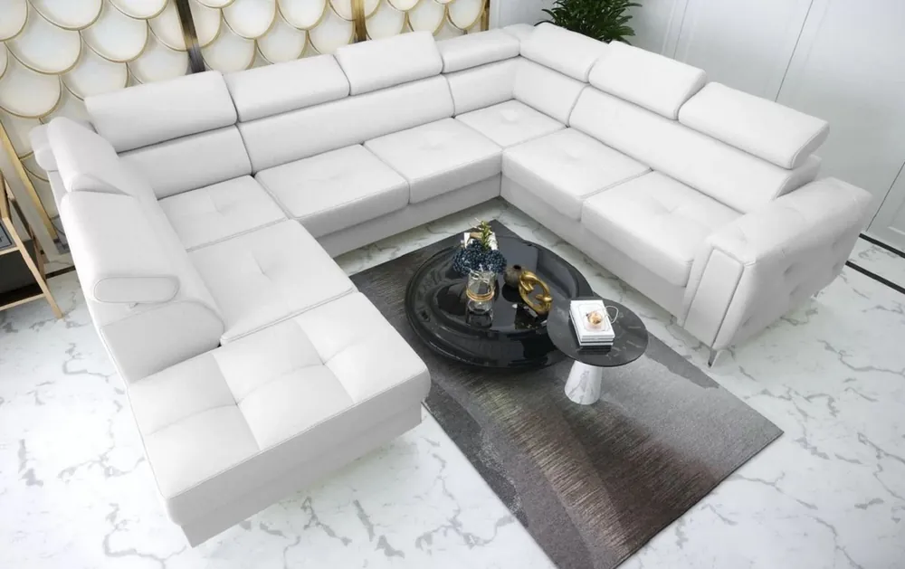 Highlight Casa Padrino Luxury Leather Living Area White / Silver 350 x 255 x H. 78-99 cm - Natural Leather Living Room U Shape Sofa with Adjustable Headrests - Living Room Furniture - Luxury Furniture