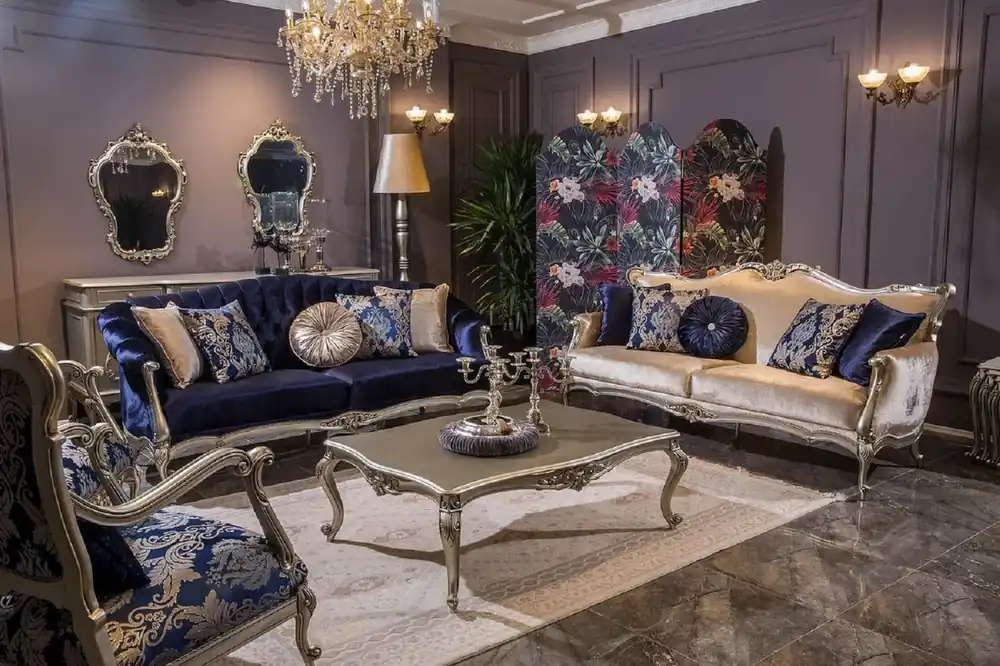 Casa Padrino luxury baroque living room set blue / pink / silver - 2 Baroque Sofas & 2 Baroque Armchairs & 1 Baroque Coffee Table - Living room furniture in baroque style - Baroque furniture Bestpreis