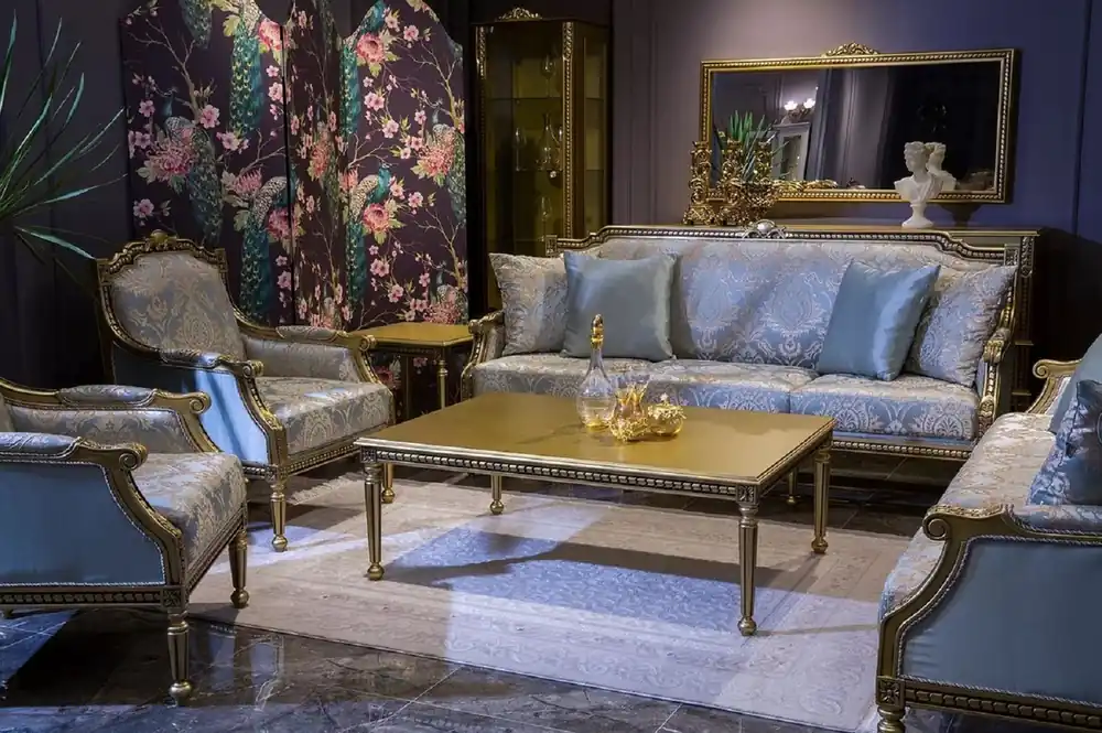 Casa Padrino luxury baroque living room set light blue / gold - 2 Baroque Sofas & 2 Baroque Armchairs & 1 Baroque Coffee Table - Living room furniture in baroque style - Baroque furniture Top-Seller