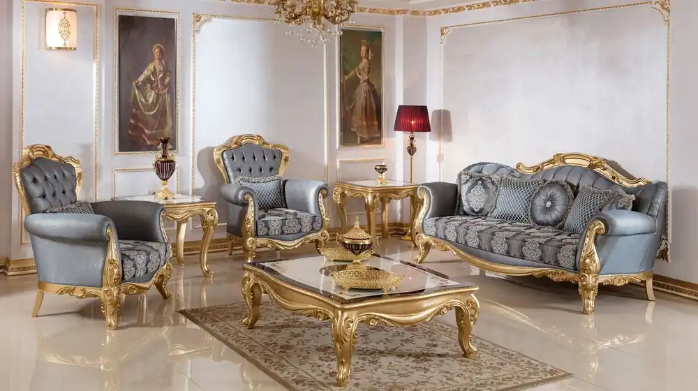 Sonderaktion Casa Padrino luxury baroque living room set blue / gold - 2 Baroque Sofas & 2 Baroque Armchairs & 1 Baroque Coffee Table - Luxury living room furniture in baroque style - Baroque furniture