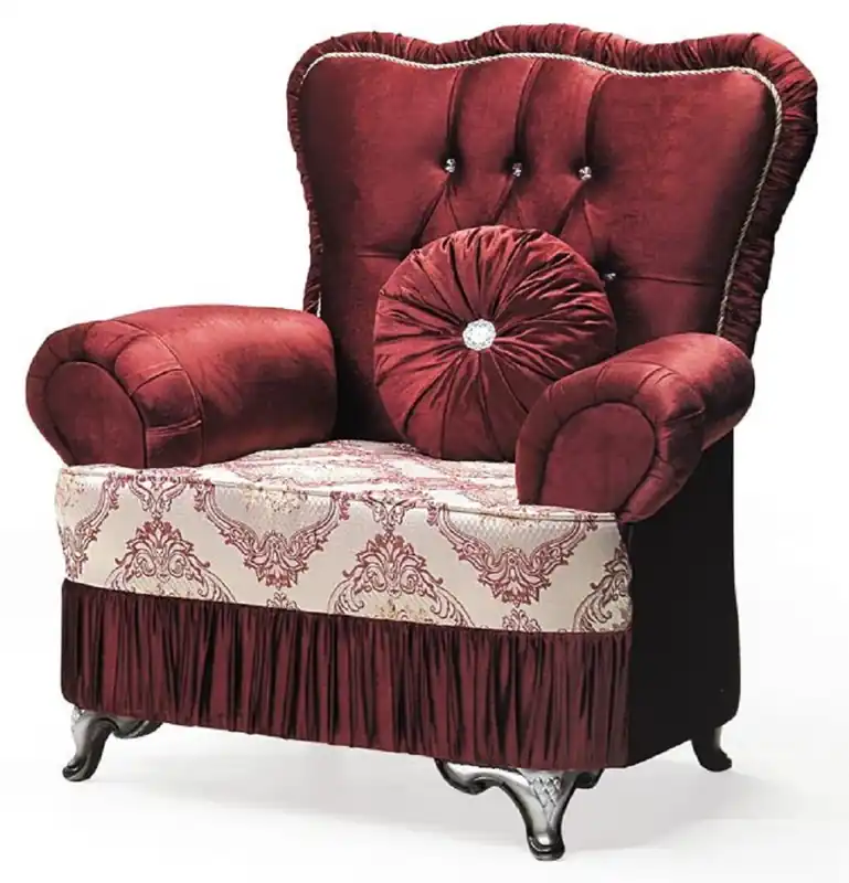 Casa Padrino luxury baroque armchair bordeaux red / cream / silver - Living room armchair with pattern and rhinestones - Baroque style living room furniture - Luxury furniture in baroque style Ausverkauf