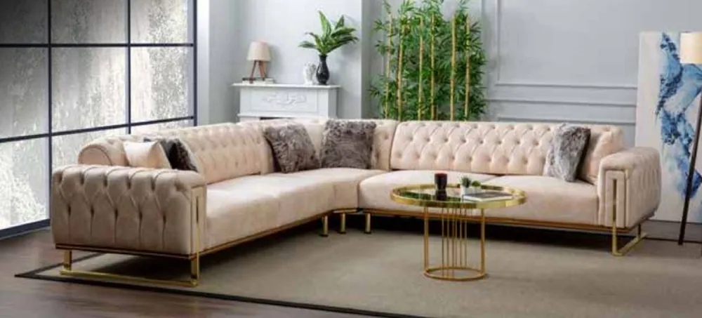 Casa Padrino luxury corner sofa cream / brown / gold 290 x 290 x H. 85 cm - Living room sofa with sleeping function - Living room furniture - Luxury furniture - Luxury furnishings Garantierte Lieferung