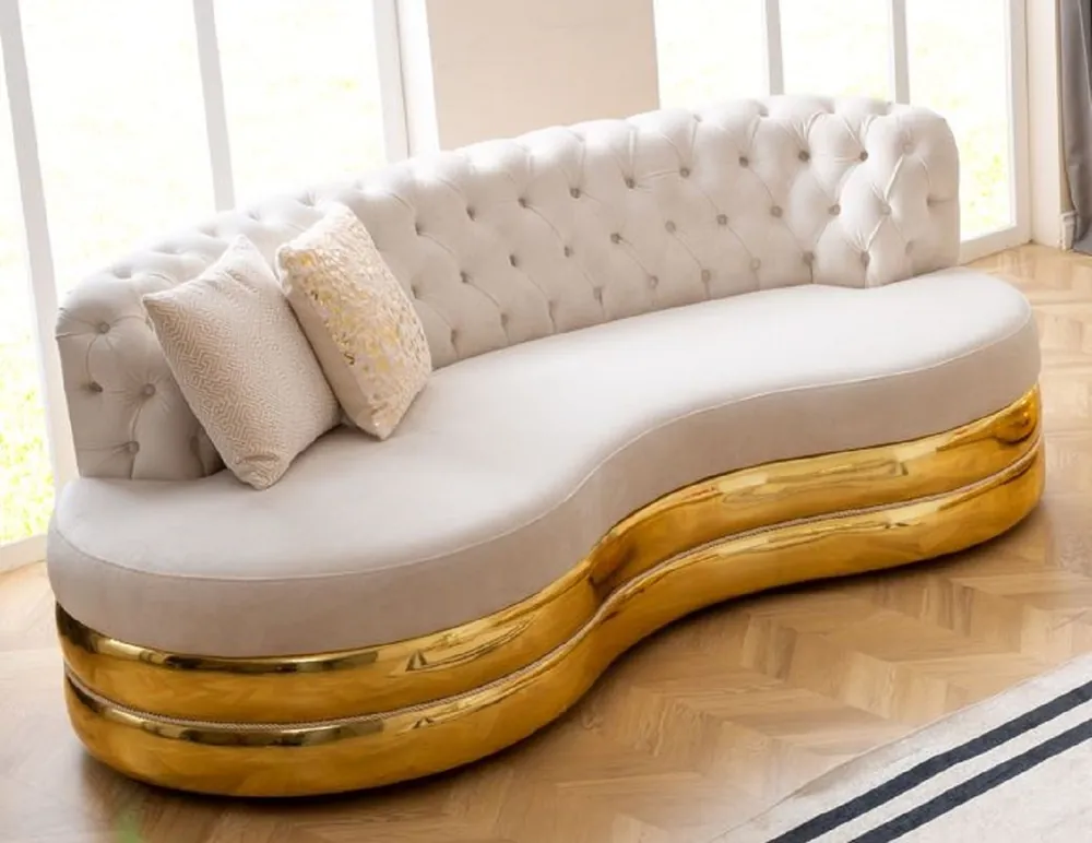 Casa Padrino luxury Chesterfield 3 seater sofa cream / gold 230 x 105 x H. 82 cm - Curved Chesterfield living room sofa - Living room furniture - Chesterfield furniture - Luxury furniture Wochenendangebot