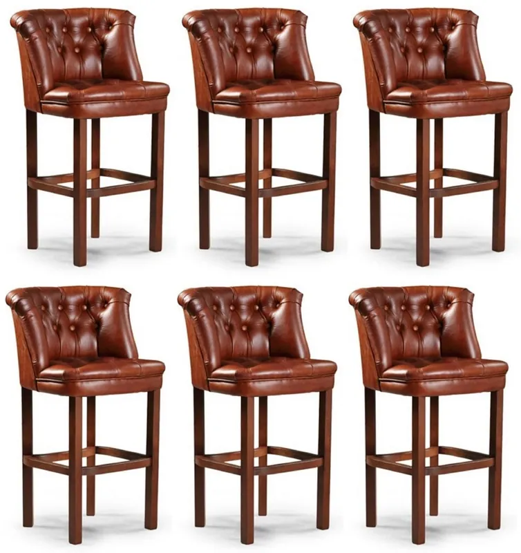 Nur Heute Casa Padrino luxury Chesterfield leather bar stool set of 6 brown 63 x 56 x H. 107 cm - Upholstered Genuine Leather Bar Stools - Chesterfield Furniture - Luxury Chesterfield Bar Furniture