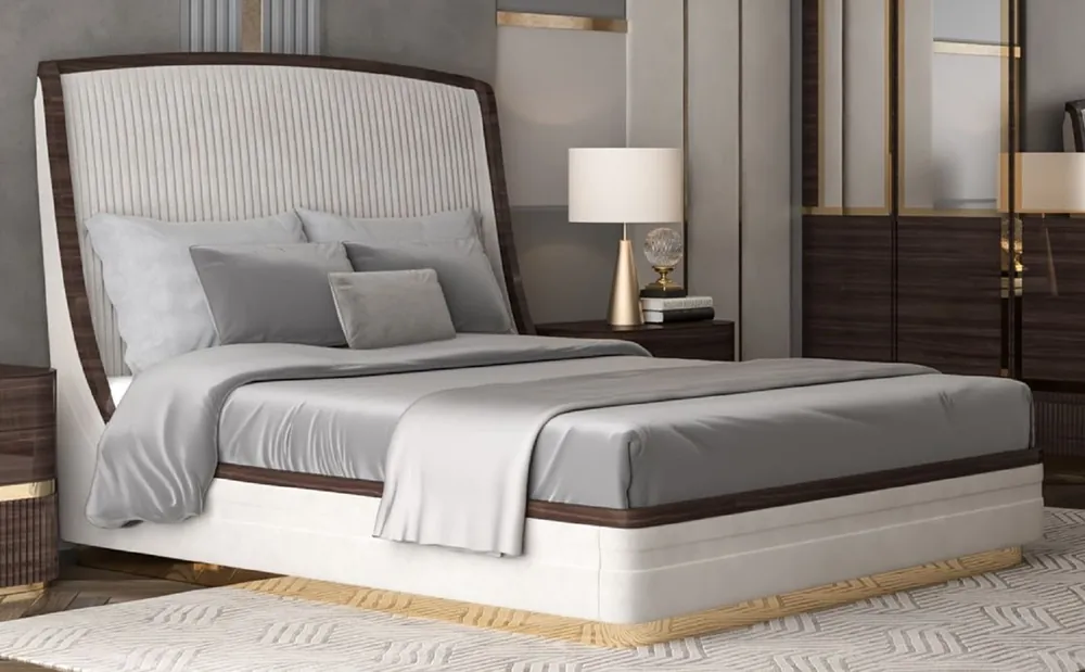Ausverkauf Casa Padrino luxury double bed white / dark brown / gold - Noble solid wood bed with headboard - Bedroom furniture - Hotel furniture - Luxury furniture - Bedroom furnishings - Luxury furnishings