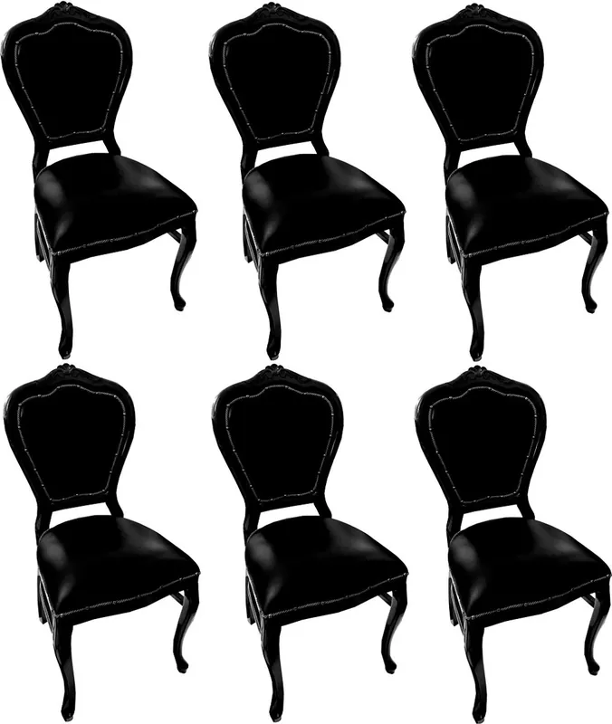 Casa Padrino Luxury Baroque Dining Set Black / Black 45 x 47 x H. 99 cm - 6 Handmade Solid Wood Dining Chairs with Genuine Leather - Baroque Dining Room Furniture Letzte Chance