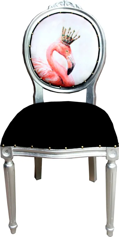 Top-Seller Casa Padrino Baroque Luxury Dining Chair Flamingo / Silver with Crown and Bling Bling Rhinestones - Designer Chair
