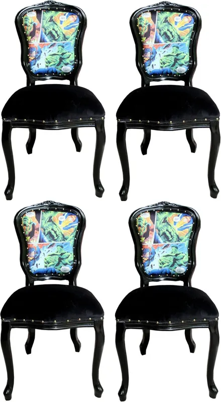 Solange Der Vorrat Reicht Casa Padrino Luxury Baroque Dining Room Set Comic Multicolor / Black 55 x 54 x H. 103 cm - 4 Handmade Dining Chairs - Designer Chairs - Baroque Dining Room Furniture