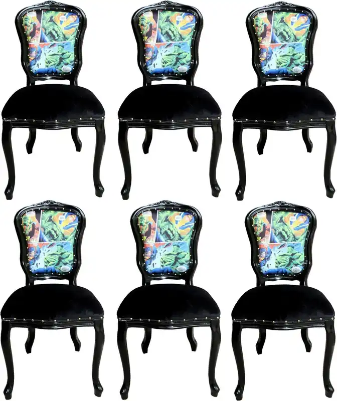 Casa Padrino Luxury Baroque Dining Room Set Comic Multicolor / Black 55 x 54 x H. 103 cm - 6 Handmade Dining Chairs - Designer Chairs - Baroque Dining Room Furniture Neue Kollektion