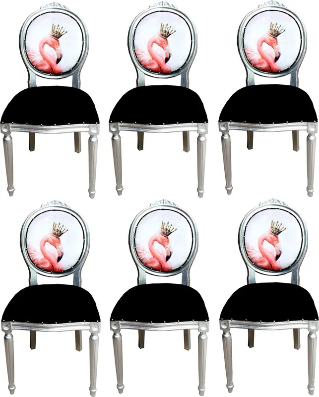 Casa Padrino Luxury Baroque Dining Room Set Flamingo with Crown Black / Multicolor / Silver 48 x 50 x H. 98 cm - 6 Handmade Dining Chairs with Bling Bling Rhinestones - Baroque Dining Room Furniture Letzte Chance