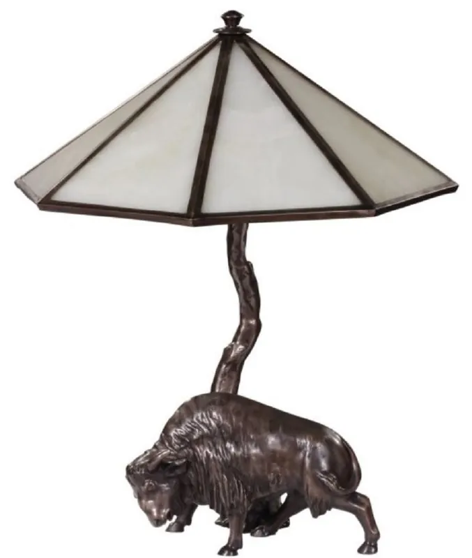 Casa Padrino luxury table lamp with bronze figure bison bronze / white 42 x 42 x H. 50 cm - Luxury Collection Neu