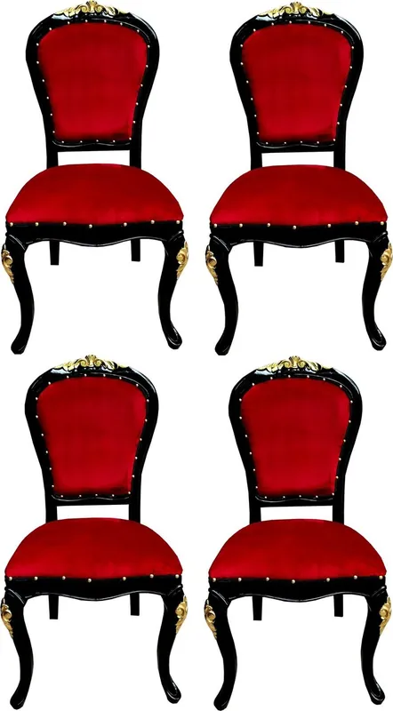 Abverkauf Casa Padrino Luxury Baroque Dining Room Set Bordeaux Red / Black / Gold 50 x 50 x H. 110 cm - 4 Handmade Solid Wood Dining Chairs with Velvet Fabric - Baroque Dining Room Furniture