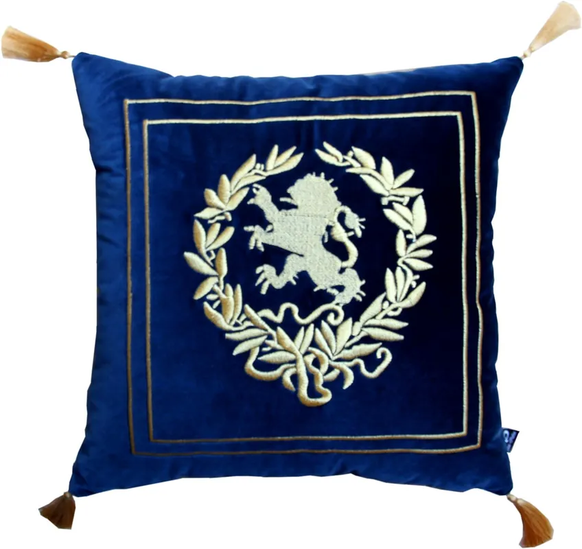Sale Casa Padrino luxury decorative cushion coat of arms dark blue / gold with golden tassels 45 x 45 cm - finest velvet fabric - Luxus Wohndeko