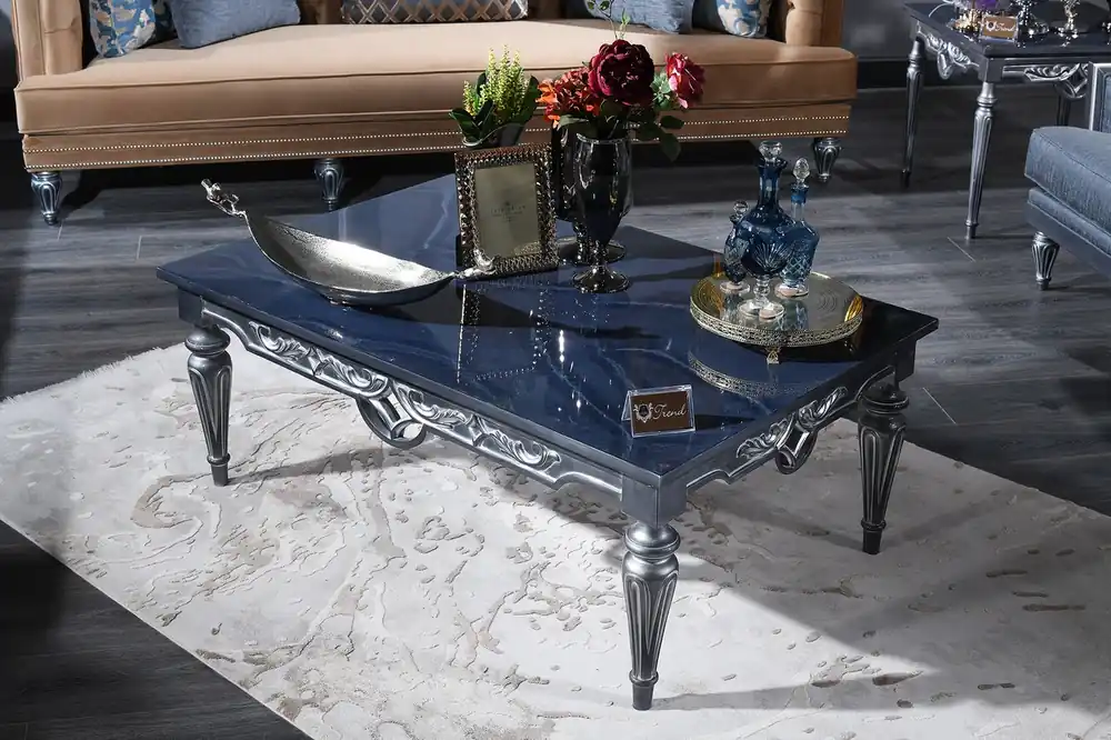 Preis Gesenkt Casa Padrino Luxury Baroque Coffee Table Blue / Silver 143 x 94 x H. 44 cm - Living Room Table in Baroque Style