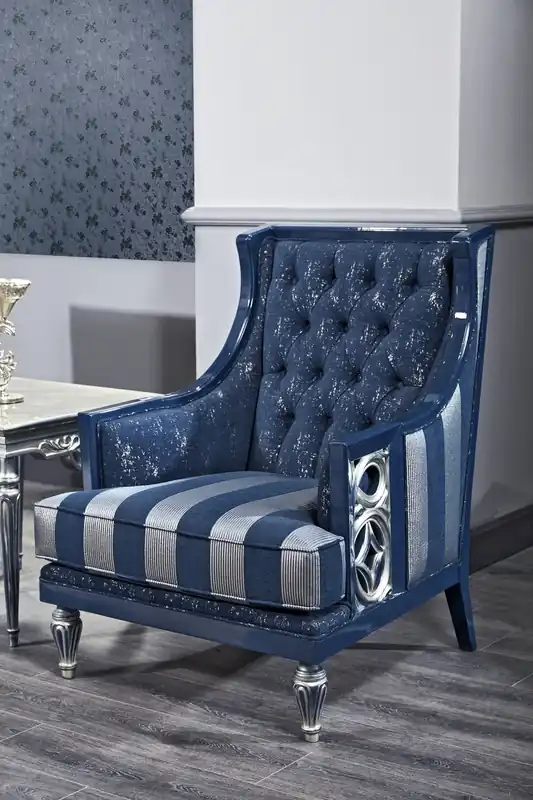 Preisreduziert Casa Padrino Luxury Baroque Chesterfield Living Room Armchair Blue / Silver Striped 77 x 76 x H. 100 cm - Baroque Furniture