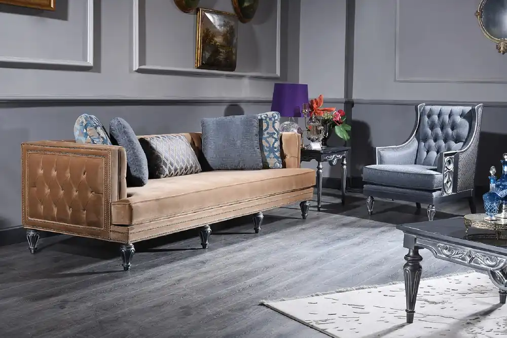 Heißes Angebot Casa Padrino Luxury Baroque Chesterfield Sofa Beige / Silver 250 x 92 x H. 85 cm - Baroque Furniture
