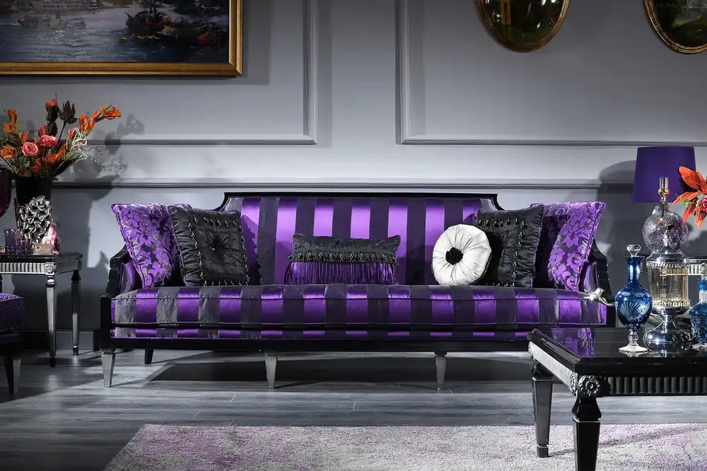Jetzt Bestellen Casa Padrino Luxury Baroque Sofa Purple / Black / Silver 244 x 95 x H. 88 cm - Living Room Furniture in Baroque Style