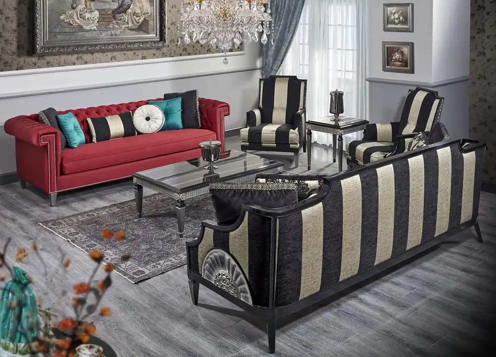 Casa Padrino Luxury Baroque Living Room Set Red / Black / Gold / Silver - 2 Sofas & 2 Armchairs & 1 Coffee Table & 1 Side Table - Baroque Living Room Furniture Highlight