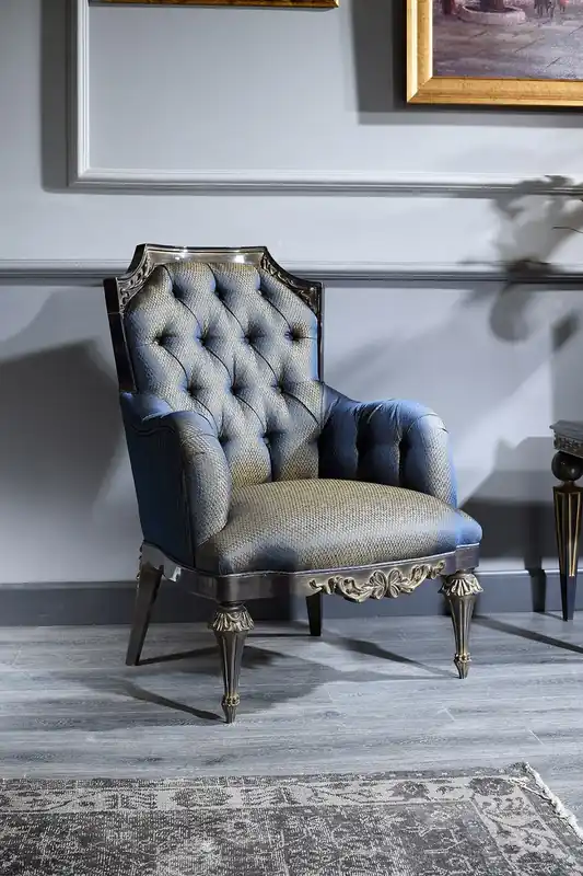 Casa Padrino Luxury Baroque Chesterfield Living Room Armchair Blue / Gold / Black 74 x 88 x H. 103 cm - Baroque Furniture Echt