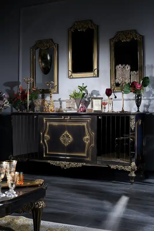 Zertifiziert Casa Padrino Luxury Baroque Living Room Set Blue / Gold / Black - Sideboard and 3 Mirrors - Baroque Furniture