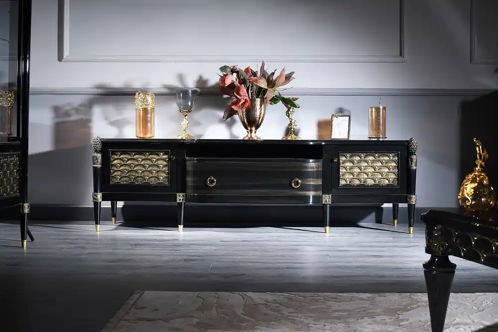 Casa Padrino Luxury Baroque TV Cabinet Black / Gold 226 x 59 x H. 68 cm - Baroque Living Room Cabinet with 2 Doors and Drawer Top-Preis